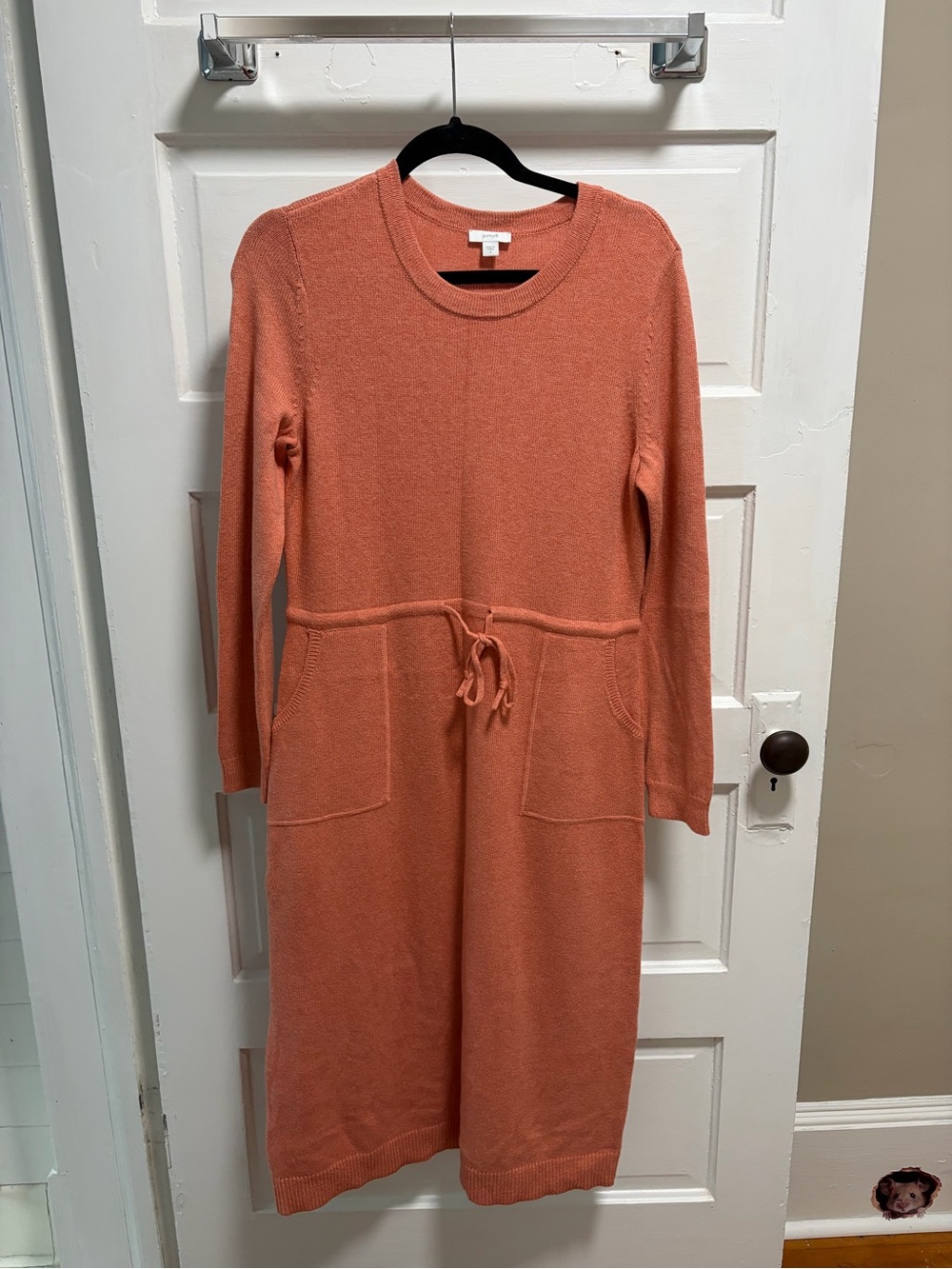 Long-Sleeve Drawstring Knit Sweater Dress in Coral